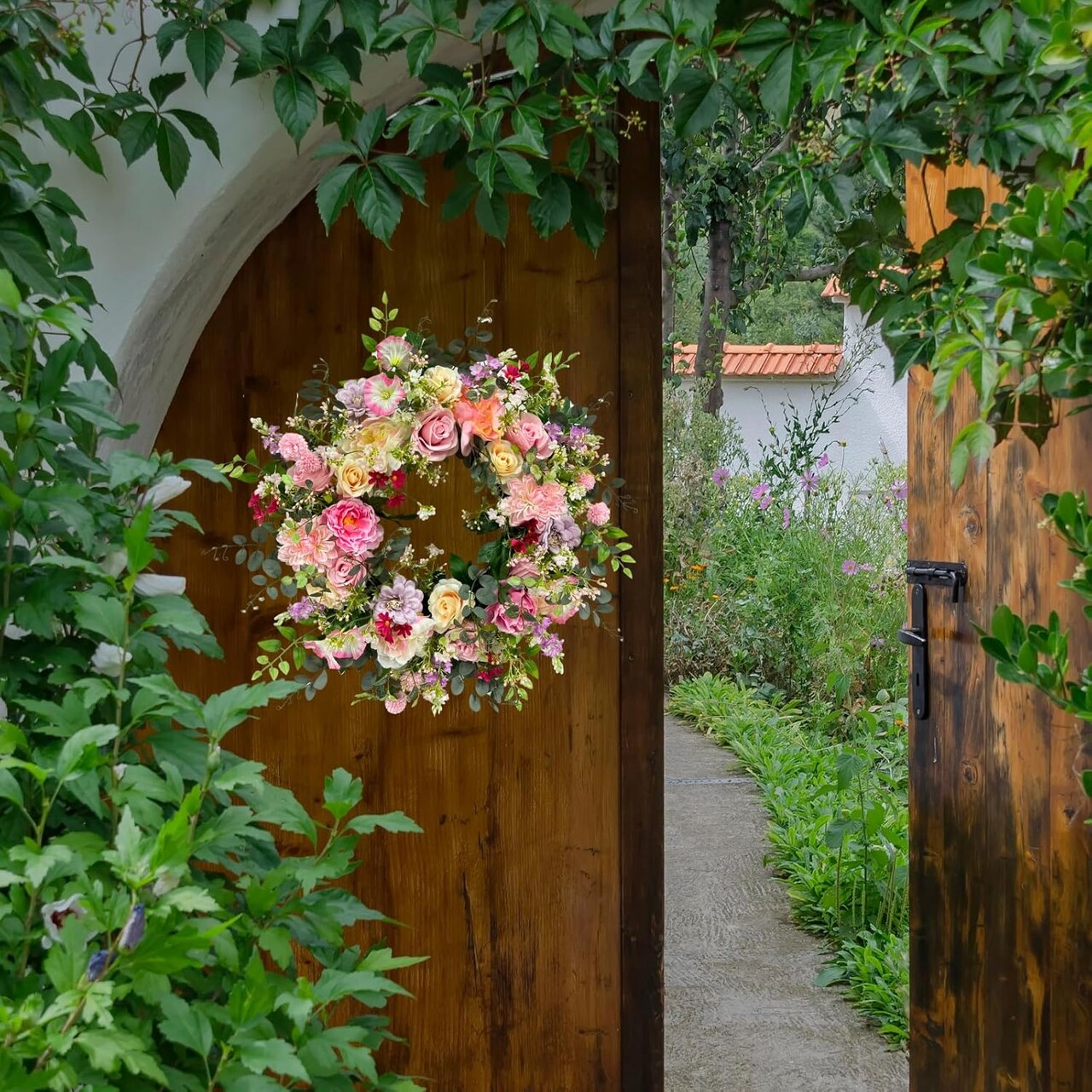 24 Inch Spring Wreath for Front Door Outside Artificial Peonies Rose Flowers Morning Glory Mixed Flowers for Outdoor Front Door Indoor Wedding Wall Window Décor All Season
